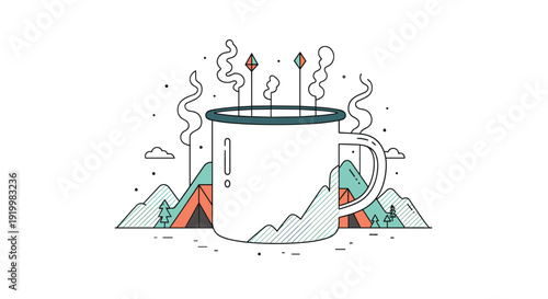 Artistic illustration of a steaming white mug with a background featuring mountains, pine trees, and camping tents.
