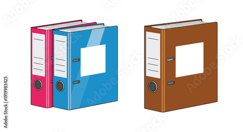 Set of three colorful office ring binders in red, blue, and brown standing upright for efficient filing and organization.