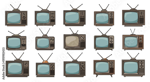 Large set of retro television sets with antennas in a classic hand-drawn illustration style showing vintage technology.