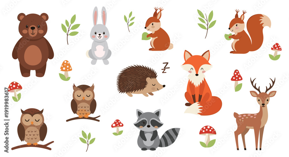Obraz premium Large set of adorable woodland animal illustrations including a bear, fox, deer, raccoon, and owl on a white background.