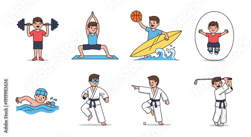 Large set of children participating in various sports like weightlifting, yoga, surfing, karate, and swimming illustrations.
