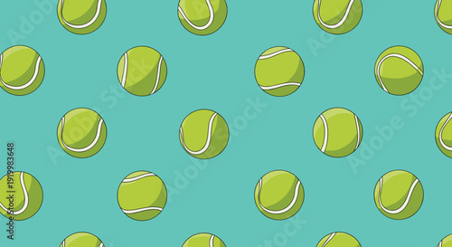 Seamless pattern of yellow tennis balls on a light blue-green background for sports and fitness related design projects.