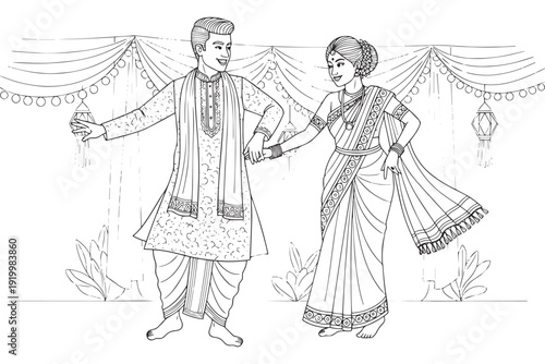 Traditional Bengali Couple Dancing at Wedding Celebration - Bangladeshi Festive Line Art Vector Illustration