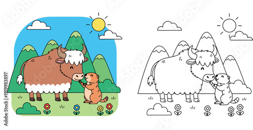 Cute cartoon yak and beaver friends in nature vector illustration. Happy bison and rodent character standing on grass with mountain background for children book or nursery decor.