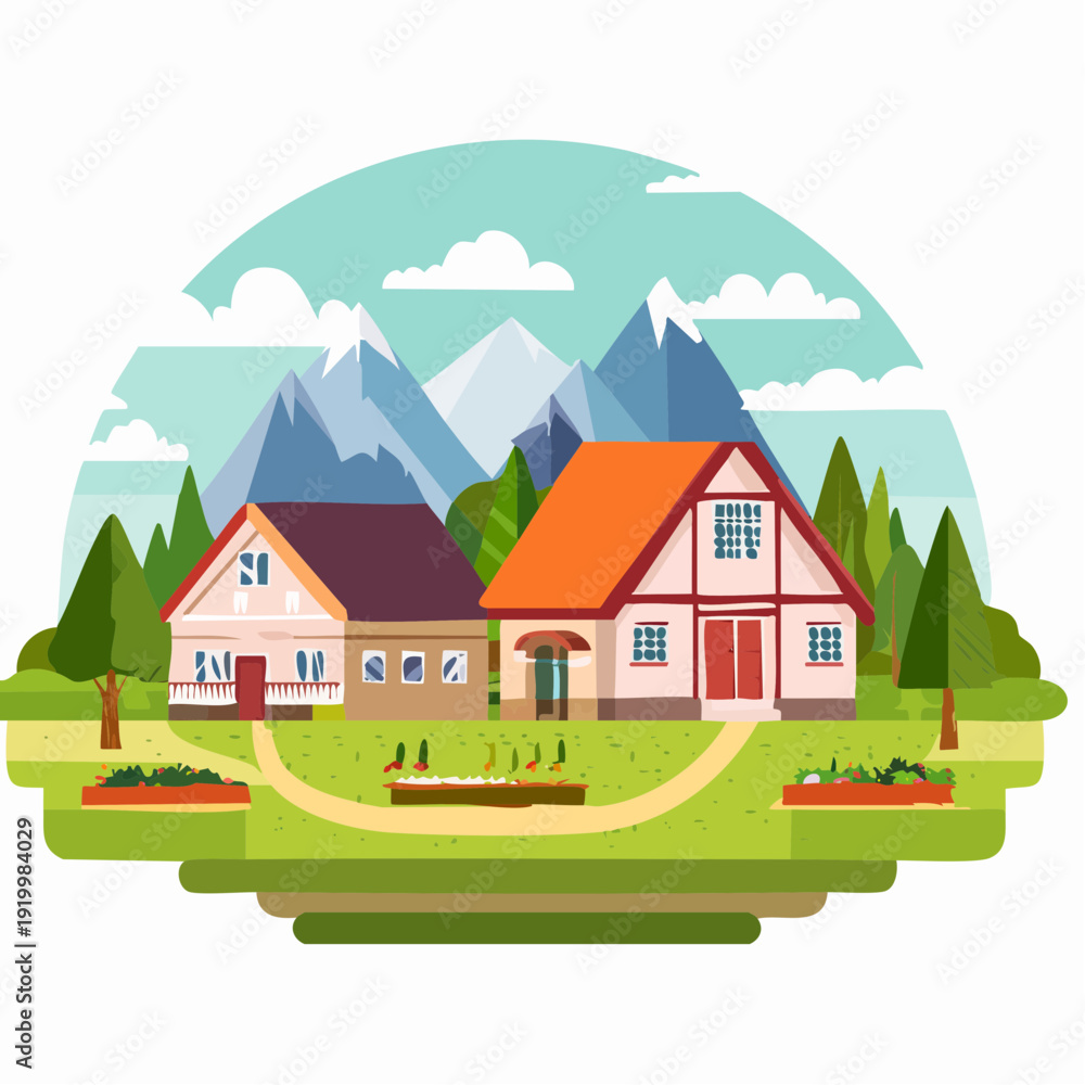 Naklejka premium Charming Village Scene with Cozy Houses and Mountain Backdrop