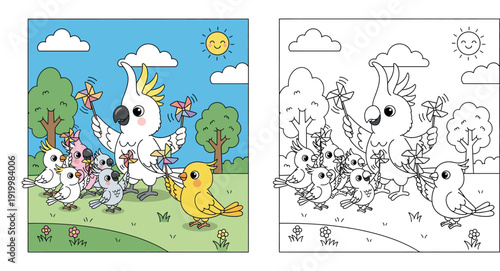 Cute cartoon cockatoo and friends playing with colorful pinwheels in park vector illustration. Happy parrot group holding wind toys on sunny grass background for nursery or children book.