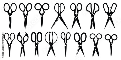 Set of Black Scissors Silhouettes, Hairdressing Tools and Barber Shears Vector Icons for Salon Design and Cutting Instrument Illustrations