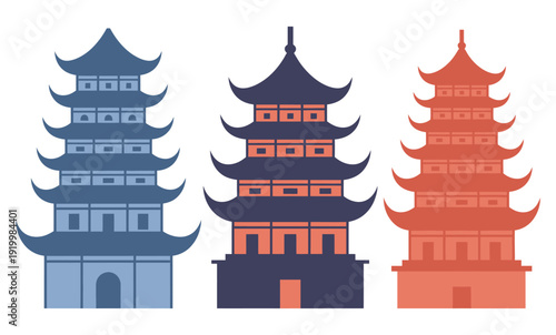 Pagoda buildings illustration set in various colors representing traditional Asian temples, multi-level pagodas, cultural heritage symbols, architectural landmarks
