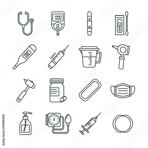Medical icons set with various healthcare symbols and equipment.