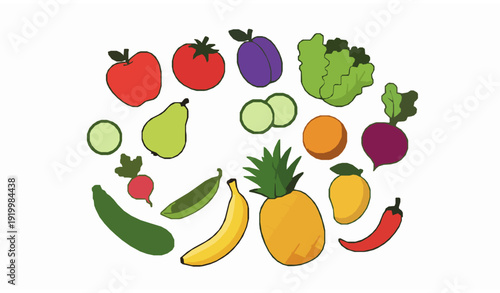 Juicy Cartoon Fruits and Green Vegetables Collection Fresh Food Vector Set