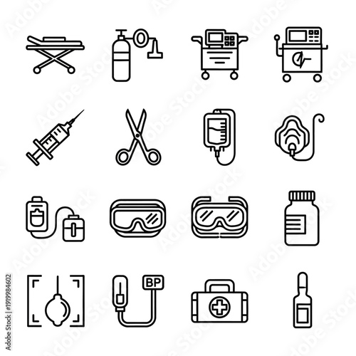 Medical icons set with various healthcare symbols and equipment.