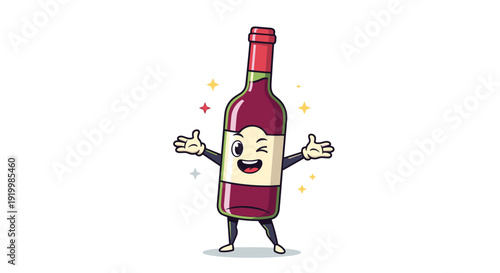 Cheerful cartoon wine bottle character with a friendly expression and arms wide open welcomes guests with festive sparkles in the background.