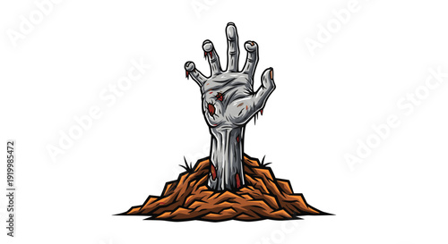 Gruesome zombie hand with decaying flesh and bloodstains bursts out from a mound of soil in a classic horror and halloween themed illustration.