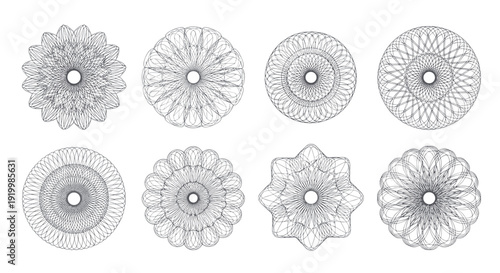 Collection of eight delicate circular mandala patterns and rosettes with intricate line art details suitable for ornamental and decorative design.