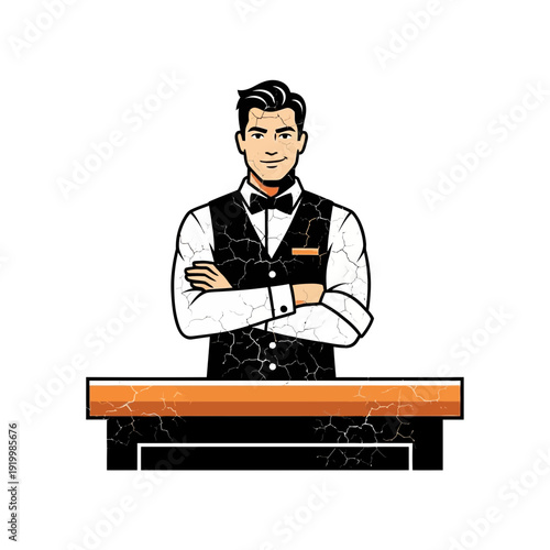 Casino Dealer Standing Behind Table with Crossed Arms