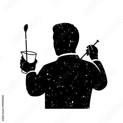 Scientist silhouette holding beaker and stirring rod, laboratory equipment