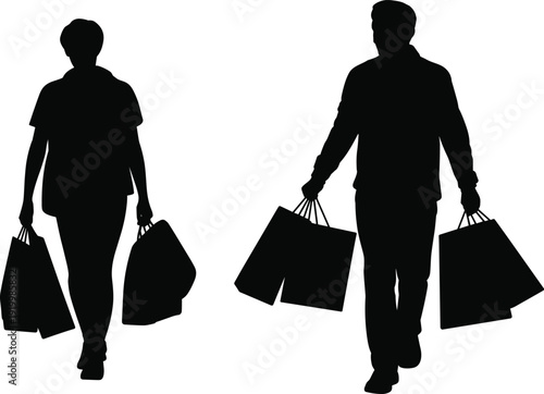 Shopping people silhouette vector set, man and woman carrying shopping bags, isolated black and white illustration