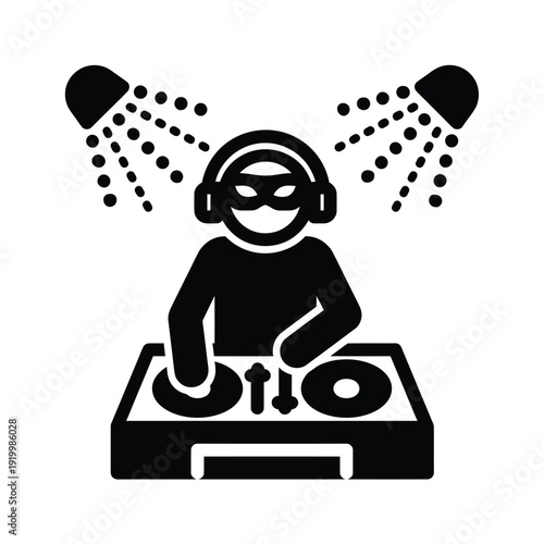 A black silhouette of a dj with headphones and equipment playing music