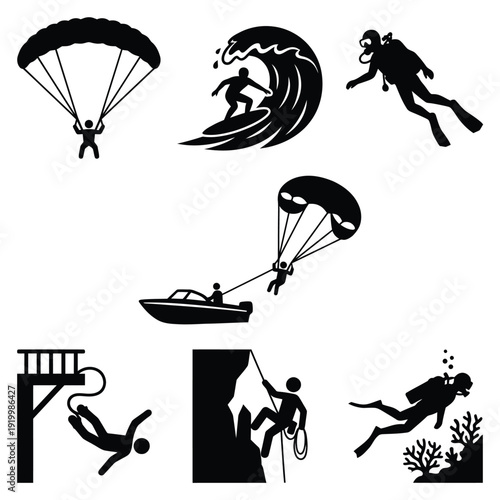 Silhouette icons depicting various extreme water and air sports activities