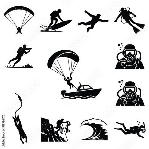 Collection of black silhouette icons depicting various extreme water sports