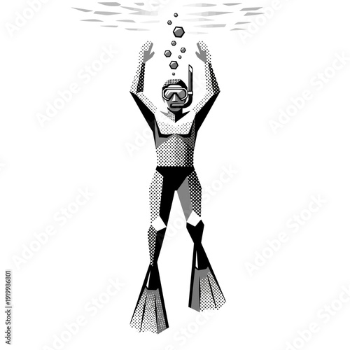Diver ascending from deep water, reaching for surface, bubbles rising