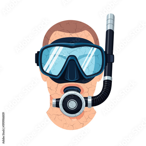 Diver face with snorkel mask and regulator, isolated on white
