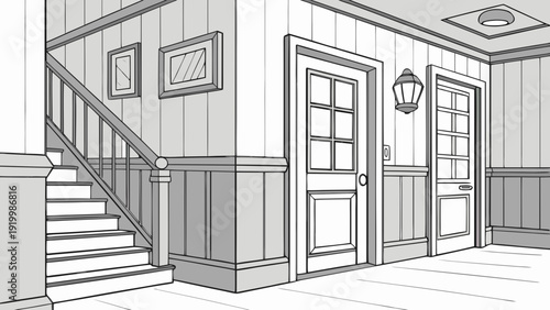 Interior Hallway Sketch with Stairs and Doors.