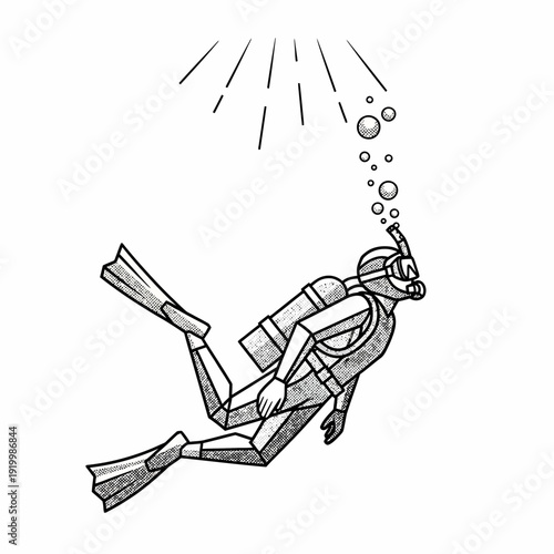 Diver swimming underwater with sun rays and bubbles