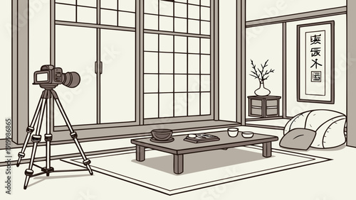 Japanese Room Interior with Camera Setup for Photography.
