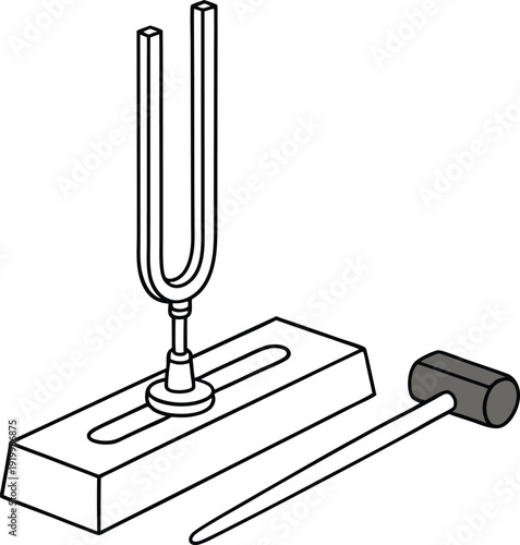 Monochrome of tuning fork on block with mallet