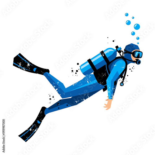 Scuba diver in blue wetsuit with oxygen tank and flippers, underwater adventure