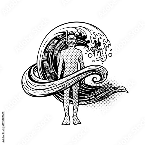 Scuba diver in a stylized wave, black and white illustration