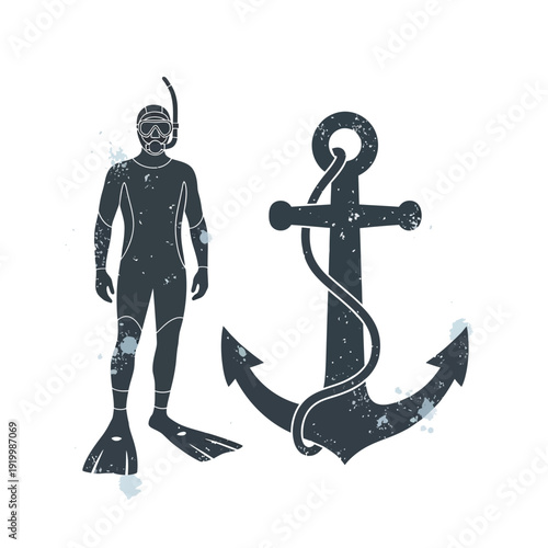 Scuba Diver Silhouette with Anchor Icon