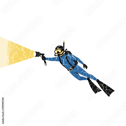Scuba diver with flashlight exploring underwater