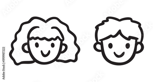 Kids avatars, boy and girl heads, friendly school profile icons, doodle style, hand drawn Monochrome line art outline, clean contour style, hand drawn.