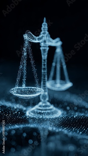 Digital scales of justice made of glowing blue particles in abstract dark background representing technology and law