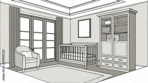 Nursery Room Interior Design with Crib and Armchair Illustration.