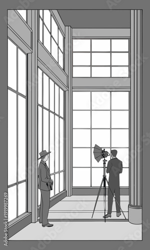 Photographer and subject in a building with large windows.