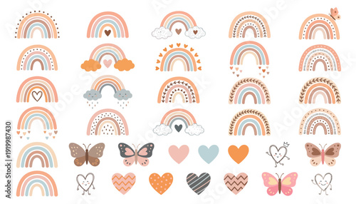 A collection of whimsical boho rainbows butterflies and hearts in a pastel color palette arranged in rows and columns on a white surface butterfly cute design graphic illustration