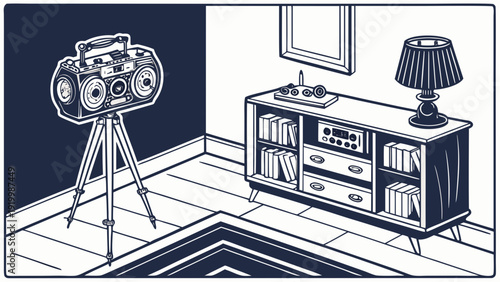 Retro Boombox on Tripod with Furniture in Room Illustration.