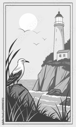 Seagull Perched Near Lighthouse on Cliffside Illustration.