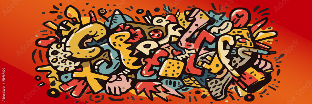 Obraz premium abstract vector illustration, hand-drawn doodle style, chaotic but balanced composition, bold colors, expressive shapes, fun and energetic mood, modern flat vector design.