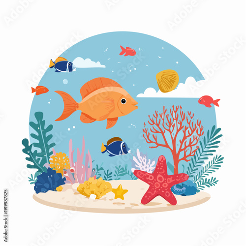 Vibrant Underwater Coral Reef Scene with Tropical Fish and Starfish