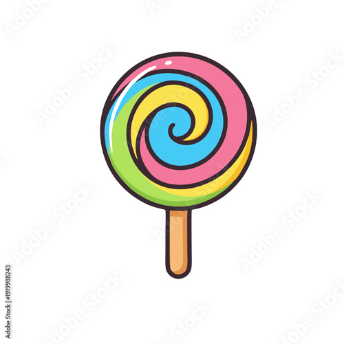 colorful spiral rainbow lollipop candy on wooden stick illustration