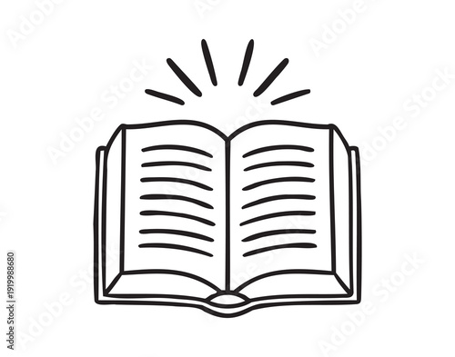 Open book, line art school doodle, outline contour, monochrome, hand drawn