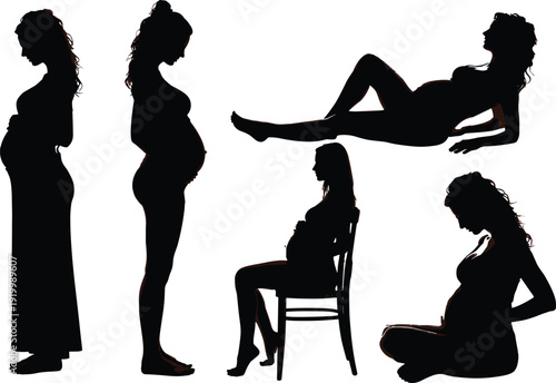 Pregnant woman silhouette set showing maternity poses, pregnancy stages, motherhood concept, prenatal health, body changes, isolated on white background illustration