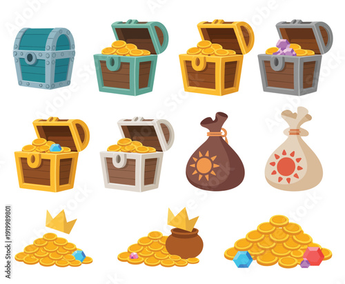 cartoon treasure chests set, pirate gold piles, gemstones, bag of diamonds, open wooden chest with coins and gems, bright vector illustration for adventure, fantasy, and pirate design projects.