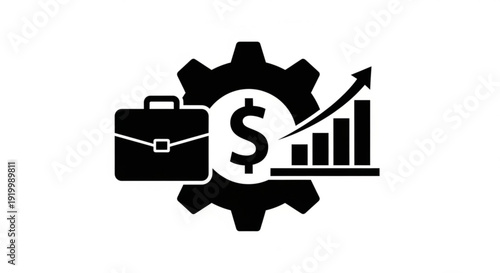 Financial growth and business strategy visualized through icons of briefcase, gear, and rising graph