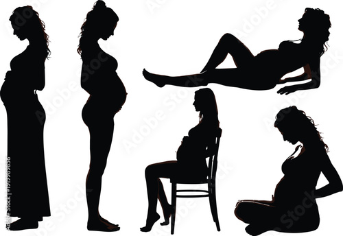 Pregnant woman silhouette collection with maternity poses, pregnancy stages, prenatal wellness, motherhood journey, body changes, isolated on white background illustration