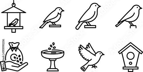 Feed the Birds Day icons: bird feeder, birds, seed bag, bird bath